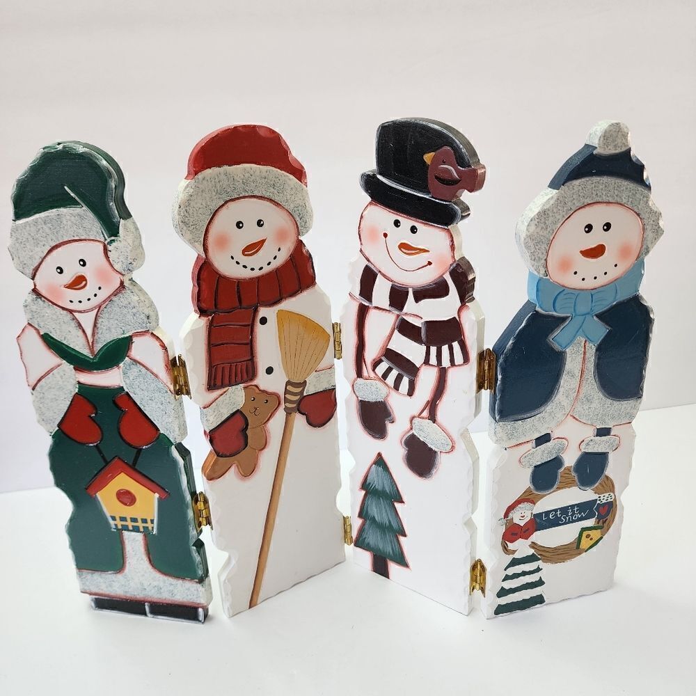 Home Interiors Family of Four Snowman Christmas Wood Painted Divider Screen